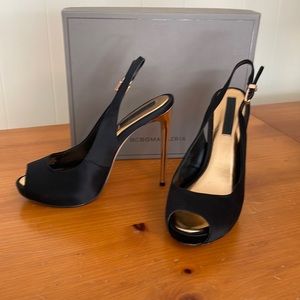 Black satin peep toe heel. Size 8.